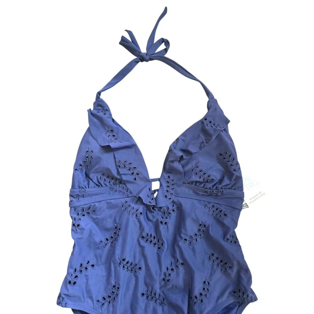 Time & True Women's Swimsuit Eyelet Floral One-Piece Halter Ruffle Blue Sz M NWT